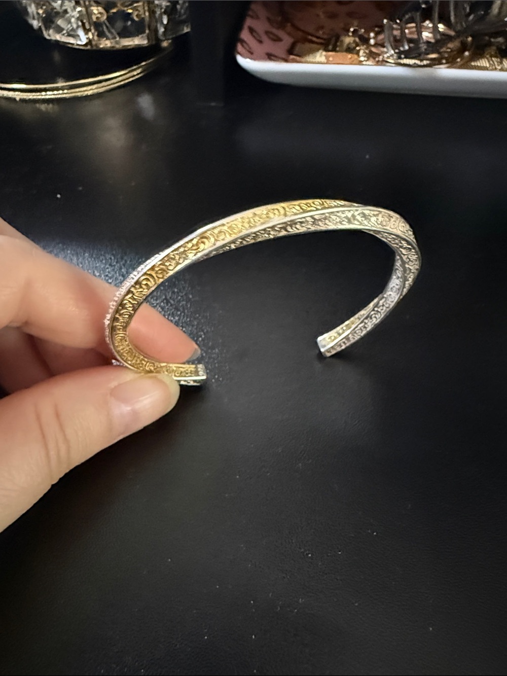 Gold & Silver Engraved Cuff Bracelet - 925 Silver